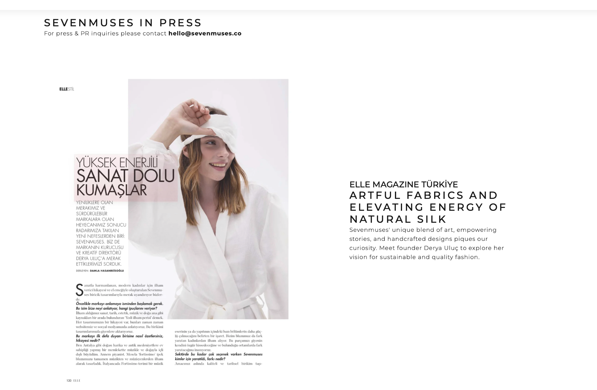 Elle Magazine Türkiye feature on Seven Muses with editorial image and article layout