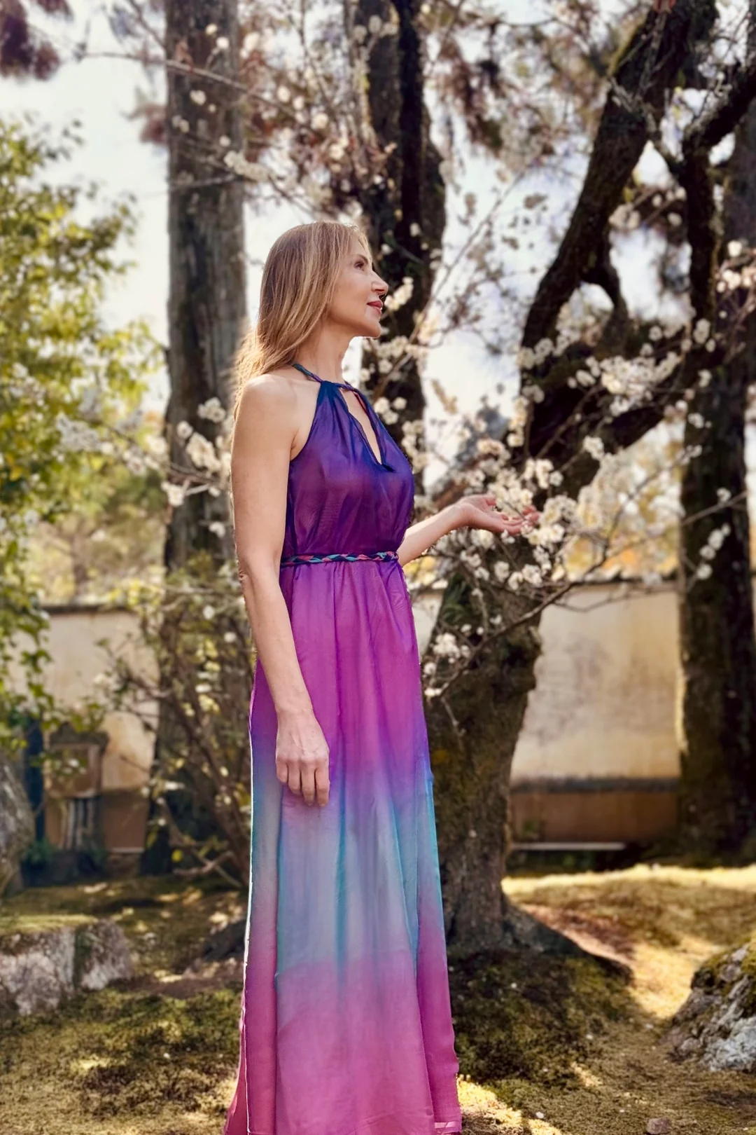 Seven Muses — silk dress in blossom garden